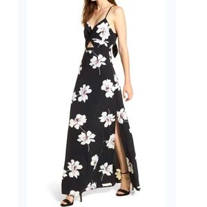 Elegant Floral Black and White Zipper Cut Out Lined Maxi Dress with Leg Slit